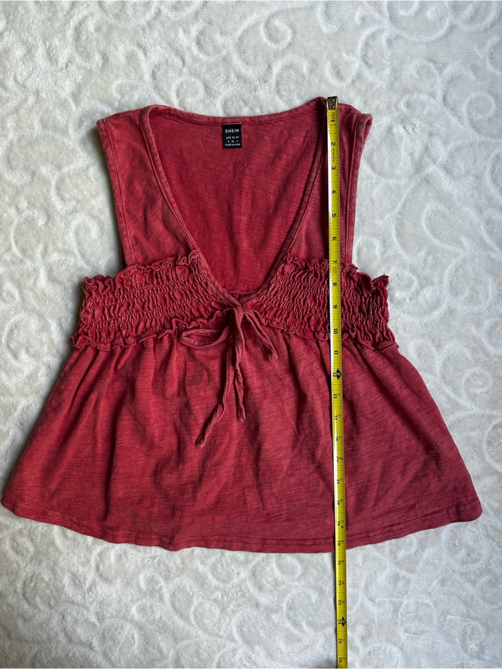 Tank Top in Faded Red, Stretchy Smocked Band, Decorative Tie at Front, SMALL